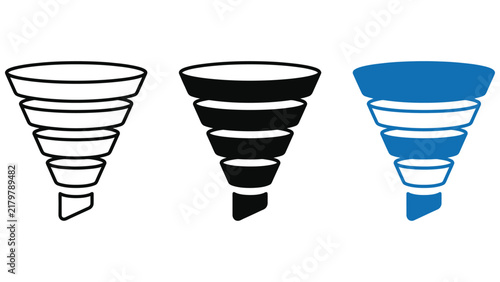 Three funnel in outline, solid black, and solid blue styles, representing marketing sales process and data filtering concepts