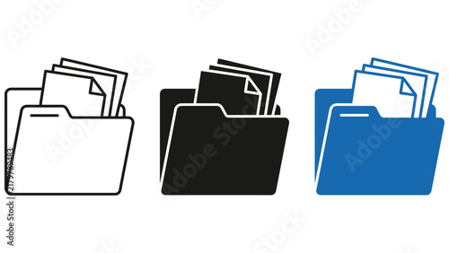 Three folder containing documents, presented in outline, solid black, and solid blue variations, isolated on a plain white background