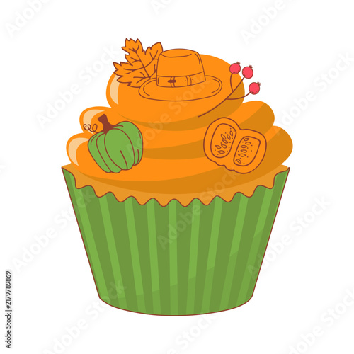 Cute Thanksgiving Pumpkin Cupcake with Autumn Leaves and Hat – Festive Fall Dessert