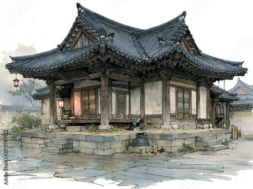A meticulously‑rendered traditional East‑Asian wooden pavilion rests on a stone platform, a robed wanderer stands nearby under soft, muted sketch‑style lighting.