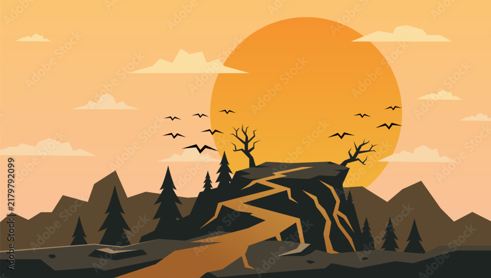 Fototapeta premium Sunset Mountain Cliff Landscape with Giant Orange Sun, Dead Trees, and Winding Trail