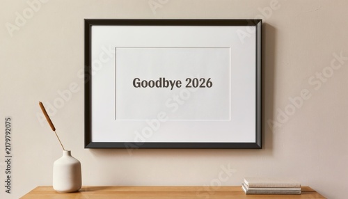 Frame mockup with goodbye 2026 text on neutral wall