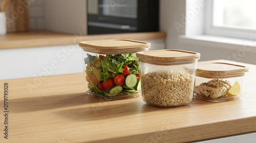 Glass food storage containers with wooden lids on a kitchen counter for meal prep.