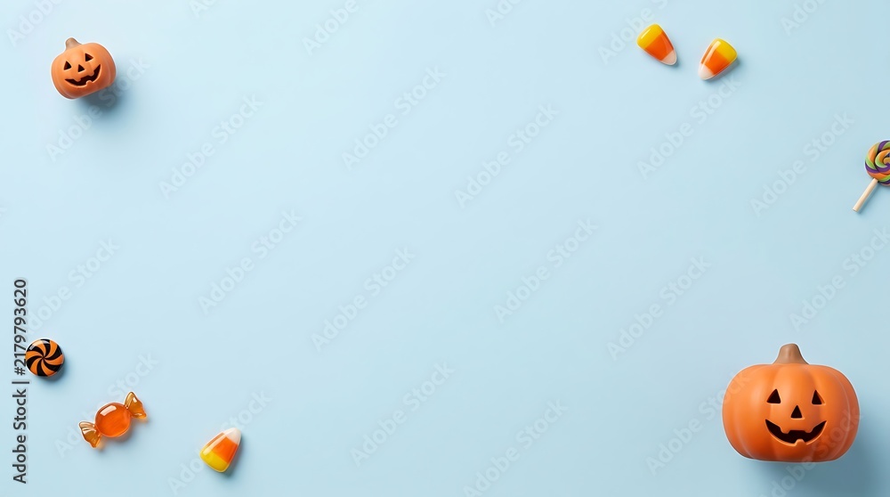 Fototapeta premium Halloween flat lay with carved pumpkins and candy on a light blue background
