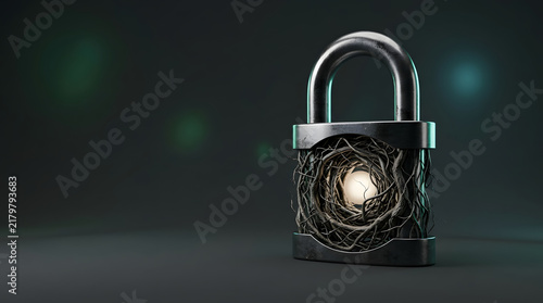 Close-up of a metallic security lock with roots design for security and protection