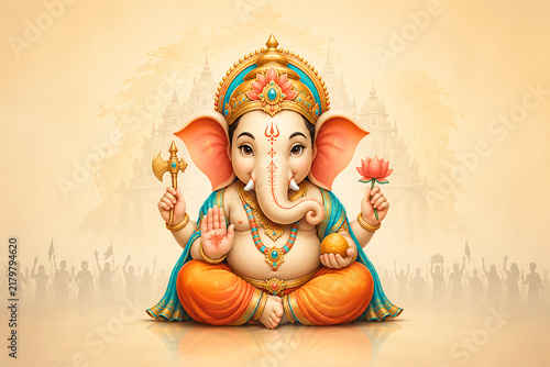 Colorful seated ganesha illustration with lotus flower orange clothing temple silhouette for ganesh chaturthi celebration and joyful lord ganesha puja festive devotion