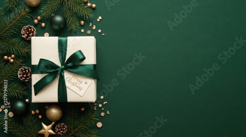 Christmas gift box with green ribbon on a dark green background with festive decorations