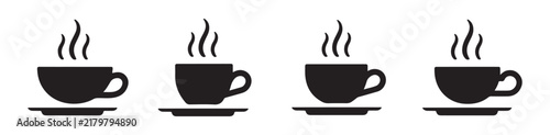 Set of dark coffee cups with hot steam on saucer icons perfect for cafe menu designs and kitchen decor.