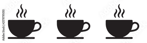 Black coffee cup silhouettes with three wisps of steam on saucer ideal for cafe branding and restaurant.