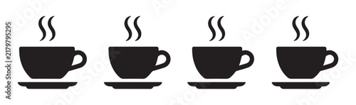 Set of dark coffee cups with two waves of hot steam on saucer perfect for minimalist cafe shop branding.