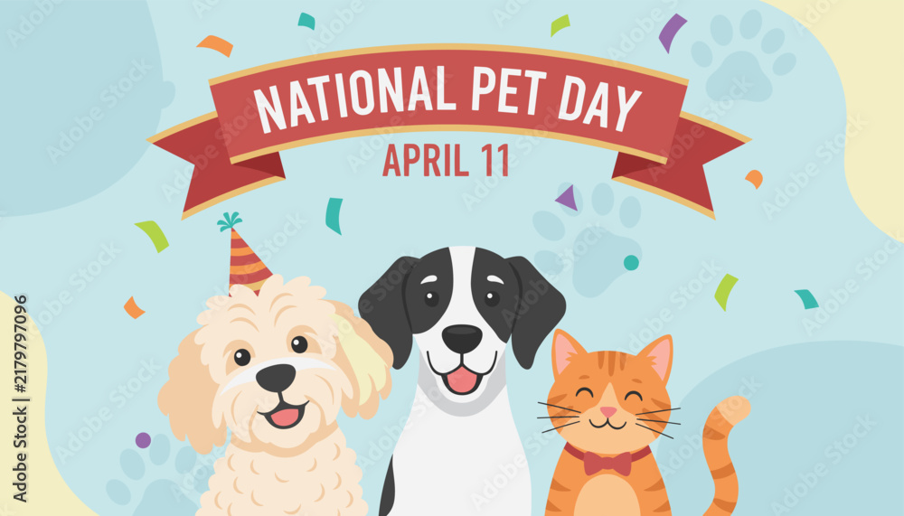 Fototapeta premium Group of happy pets including two dogs and a cat celebrating national pet day on April eleventh with confetti and party hats.