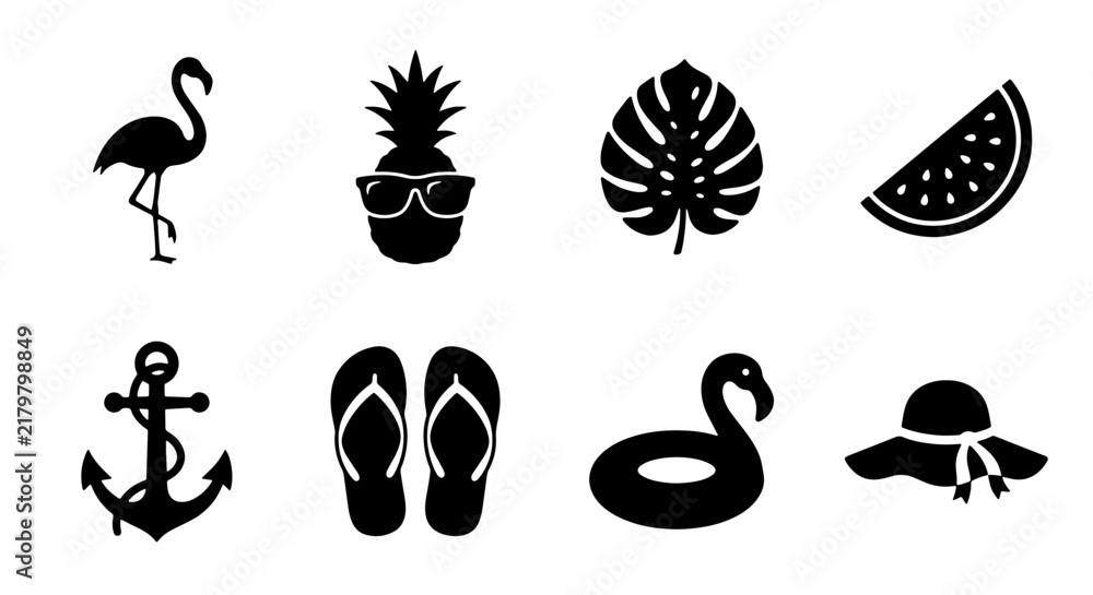 Obraz premium Summer Icons Set: Flamingo, Pineapple, Anchor, Hat, Watermelon, Tropical Leaf, Flip Flops, Float
