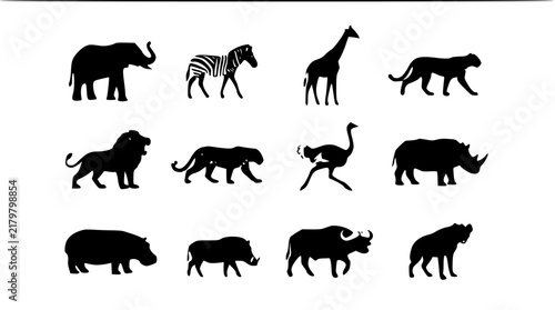 Canvas Print African Safari Animals Silhouette Icons Set – Wildlife Vector Collection
