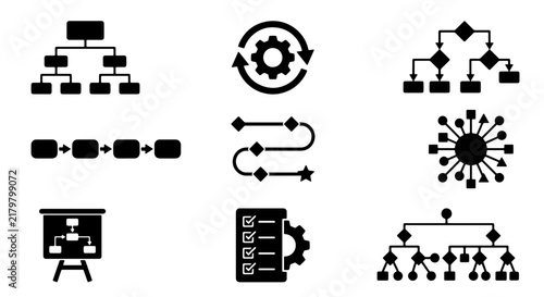 Organizational Chart Icons, Workflow Diagrams, Process Flow Icons, Business Structure Icons