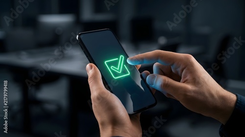 Close up of a person using a smartphone to select a green check mark on a dark background