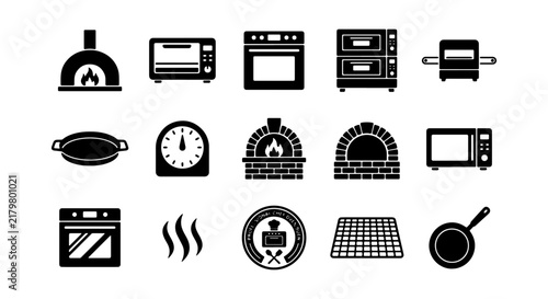 Foto Kitchen Oven Icons, Cooking Appliances Vector Set, Bakery Equipment Graphics, Fo