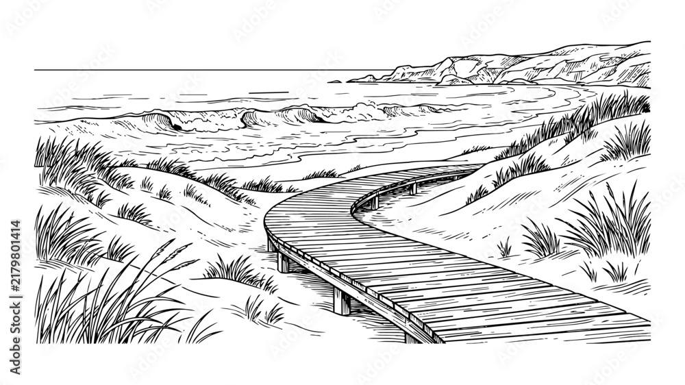 Obraz premium Hand Drawn Wooden Boardwalk Path Through Sand Dunes to the Ocean, Black and White Vector Sketch Coastline Landscape with Beach Grass and Waves
