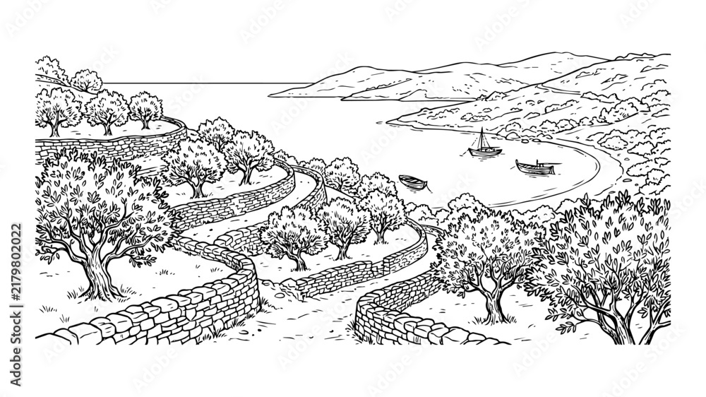Fototapeta premium Hand Drawn Mediterranean Landscape Sketch with Olive Tree Groves, Terraced Hills, Stone Walls, and Boats in a Scenic Sea Bay