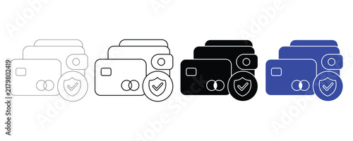 Set of secure payment, credit cards, wallet, and protection shield icons in different styles