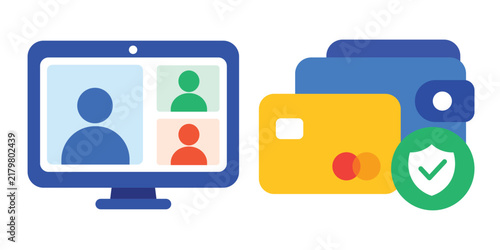 Abstract flat vector illustration set of online video conference meeting and secure digital payment with credit cards and wallet
