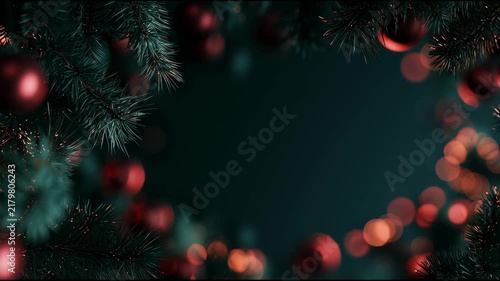 Pine branches gently swaying with red Christmas baubles and soft glowing bokeh lights, warm cheerful New Year video atmosphere for holiday greeting, sales promo