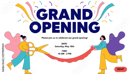 Grand opening invitationt template. Colorful creativity design with bold text, bright background and a burst of confetti. Ribbon cutting ceremony. Vector illustration on white background