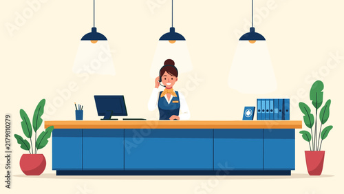 Smiling female receptionist at hospitality service desk wearing headset and helping clients in office.