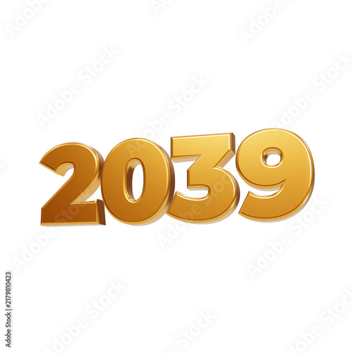 Fotografía Metallic gold three dimensional figures showing the year 2039 set against a dark