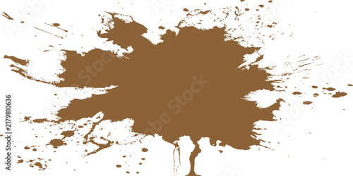 Brown ink splatter with messy edges and droplets on a white background
