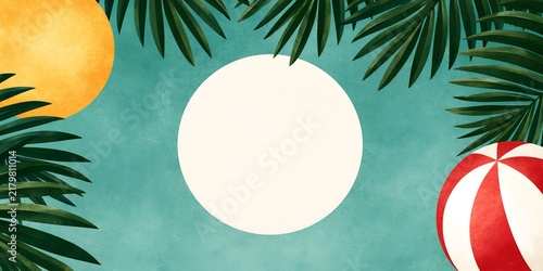 Tropical background with palm leaves, sun, and beach ball