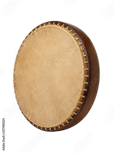 Traditional Thai frame drum isolated on white background with natural skin and wooden rim