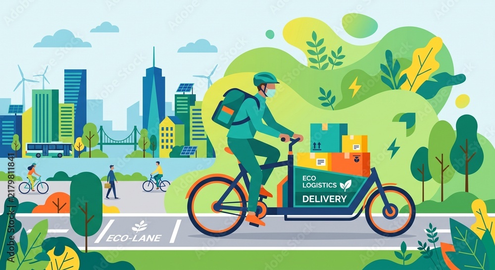 Naklejka premium Eco Friendly Cargo Bike Delivery Courier Riding on City Lane Vector Illustration