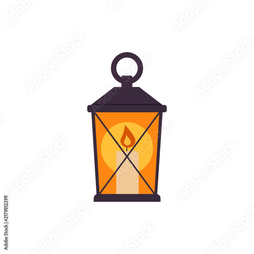Vintage lantern with burning candle vector illustration isolated on white background