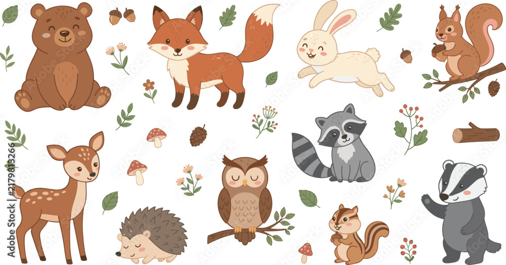 Obraz premium Collection of woodland creatures and foliage is a colorful vector illustration on a white background