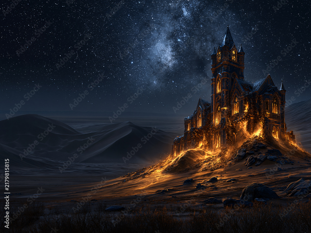 Obraz premium Ancient glowing castle perches atop jagged mountain peak, golden luminous river swirls below, brilliant star‑filled night sky stretches over far‑reaching rolling hills.