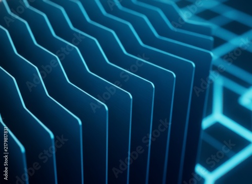 Abstract blue metallic fins with hexagonal grid pattern representing technology and data