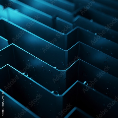 Close-up of abstract metallic labyrinth with water droplets and blue light