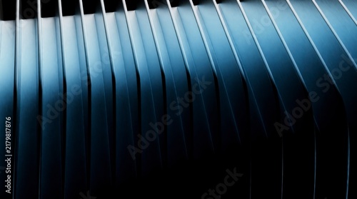 Abstract background of blue metallic slats forming a dynamic pattern with light and shadow