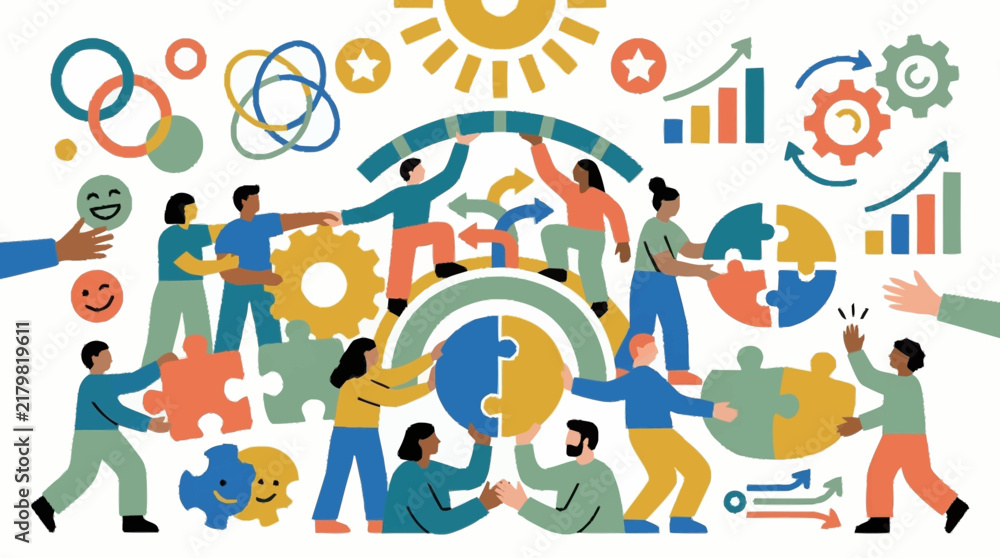 Fototapeta premium Teamwork and collaboration concept with puzzle pieces and gears.