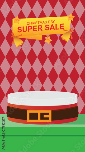 Christmas sale design featuring a Santa-inspired belt, gift podium, festive red and pink diamond background, and promotional lettering, ideal for holiday advertising, retail banners, posters, 