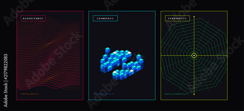 Abstract data science isometric cube cluster and tech infographics vector banner set with abstract isometric infographics background connection structure analysis analytics statistics