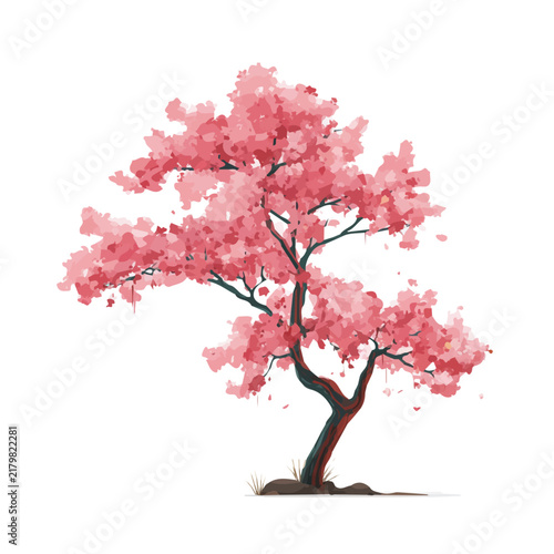 Flat 2D minimalist illustration of a Japanese Cherry Blossom Tree, modern vector design with white background.