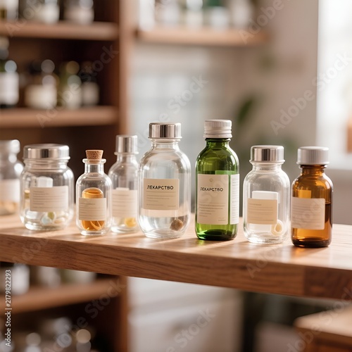 Assorted glass bottles with labels on wooden shelf in a pharmacy  