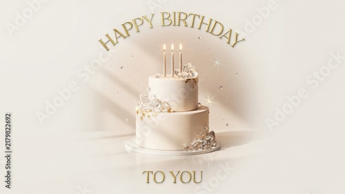 Canvas Print Elegant white birthday cake with gold candles, minimalist tiered celebration cak