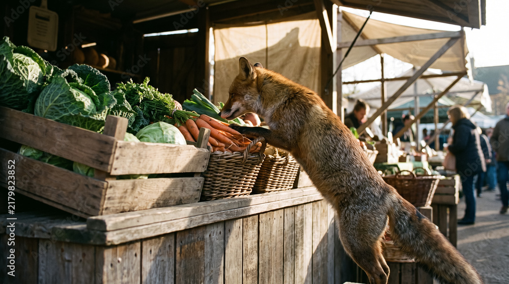 Fototapeta premium Curious red fox smelling fresh organic vegetables at an outdoor farmers market stand. Concept of inspecting, market stall, organic food, carrots.