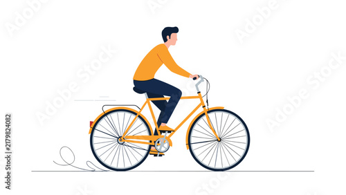 Fit active young man riding an orange classic city bicycle on a clean white background with dynamic motion lines.