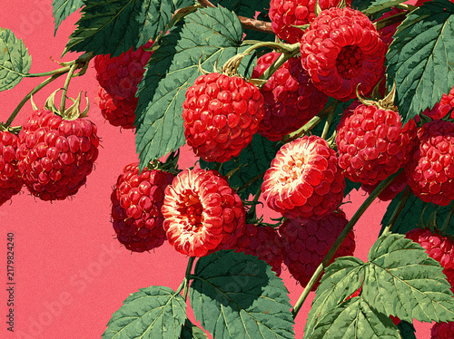 Cluster of ripe, plump red raspberries hang from leafy branches, textured vintage grain‑style artwork against a solid deep mauve‑pink background.