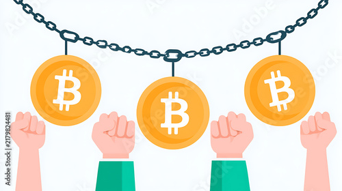 Digital currency coin hang on chain with raise fist concept banner illustration financial market crash problem and regulation control background