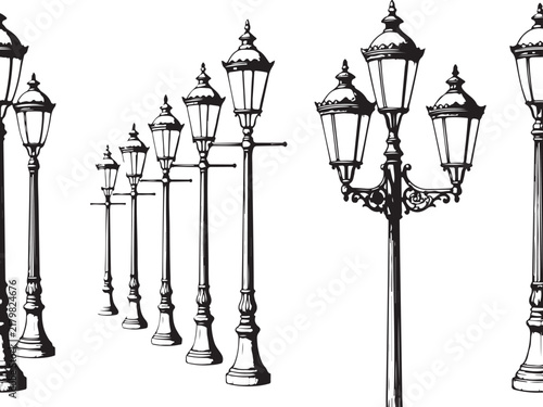 Black and white of vintage street lamps arranged in a row, isolated on a white background, for projects