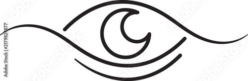 Minimalist black line of an eye with a crescent moon shape inside the iris, isolated on a white background, for simple